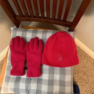 Spyder Hot Pink Knit Beanie and Gloves Set